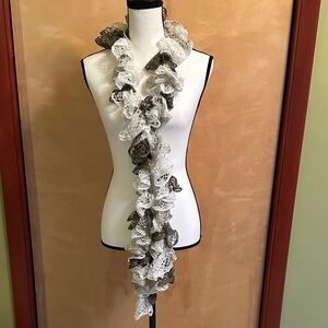 Elegant White and Brown Ruffled Scarf